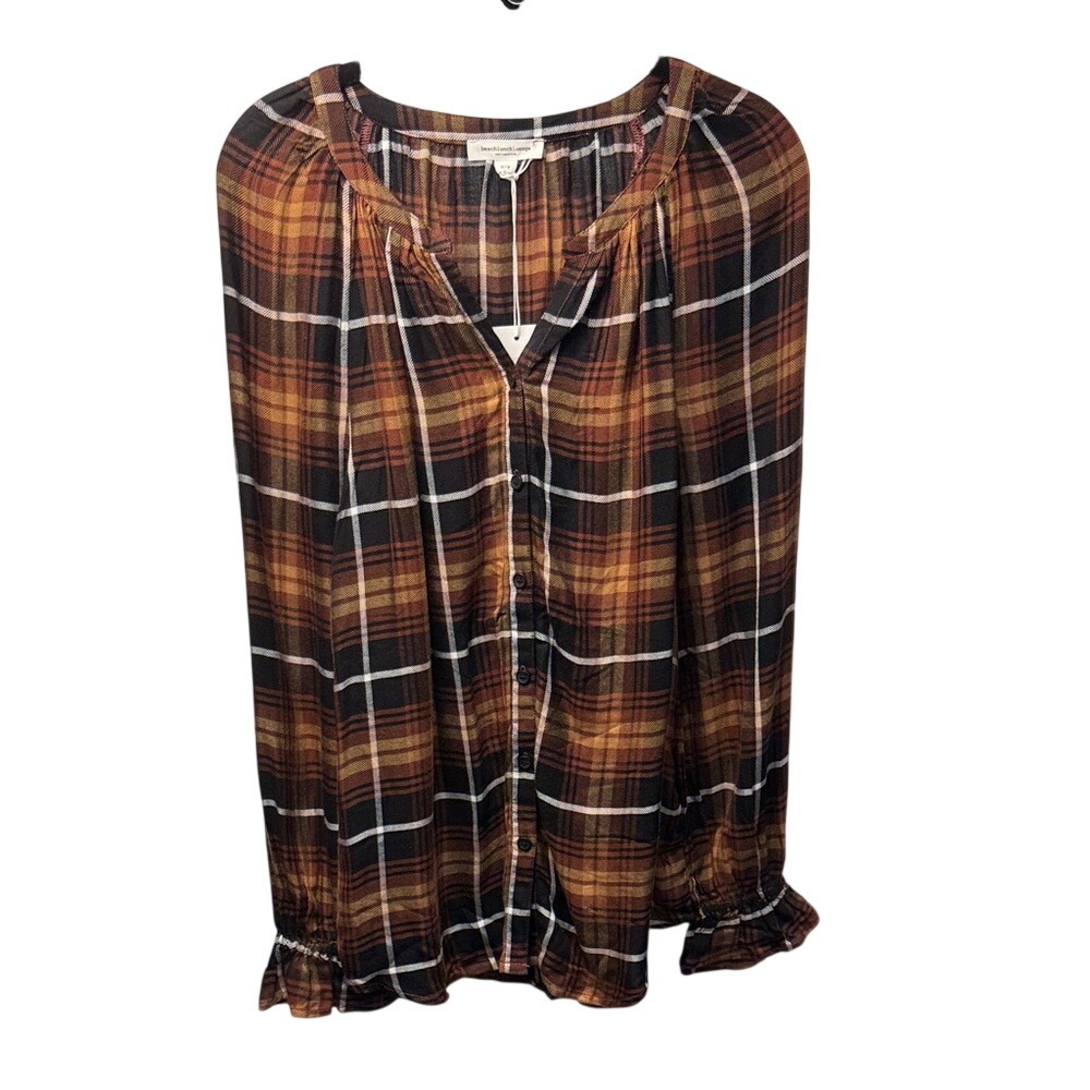 Beachlunchlounge Luna Plaid Button Down‎ Blouse Golden Hour Brown Orange Small